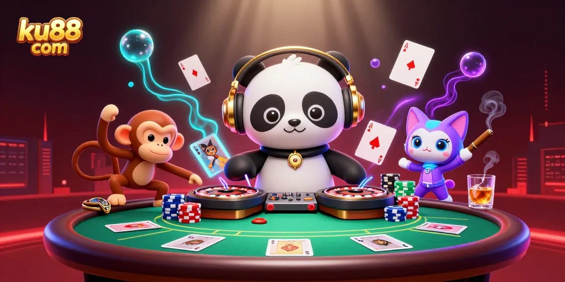 Engage with ku88 com's vibrant casino illustration featuring a DJ panda, a dancing monkey, and an energetic kitten.