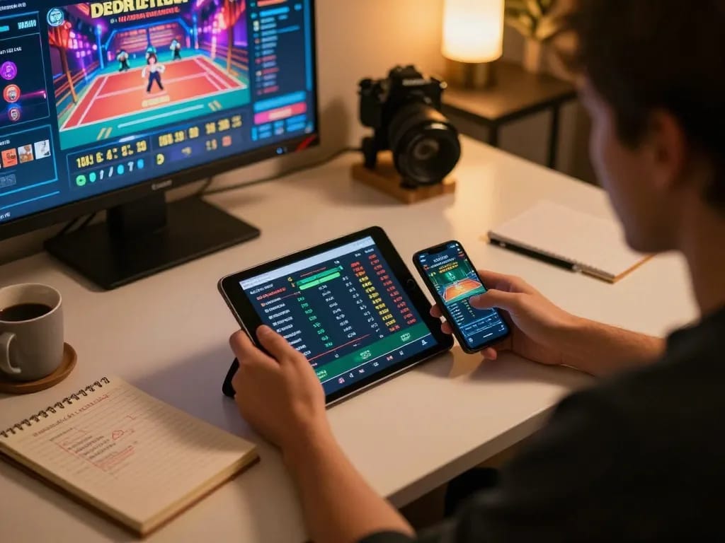 Engaged in sports betting through sun win app on tablet while reviewing strategies