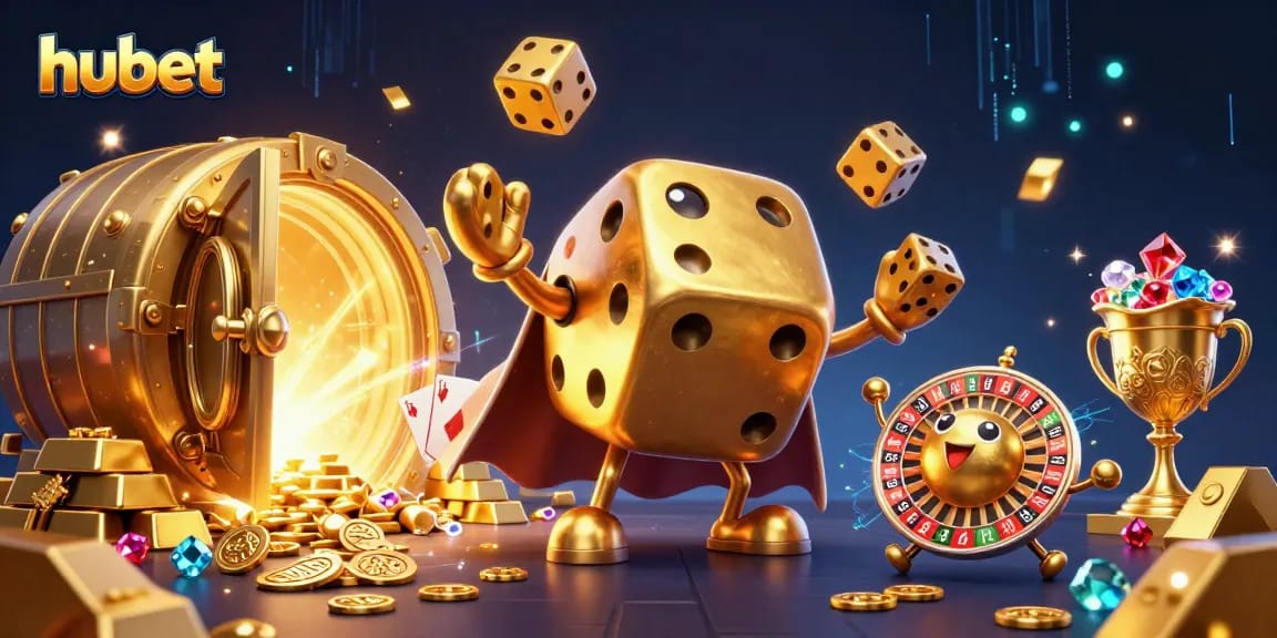 Experience the excitement of hubet with a vibrant 3D digital illustration showcasing golden dice and casino elements.