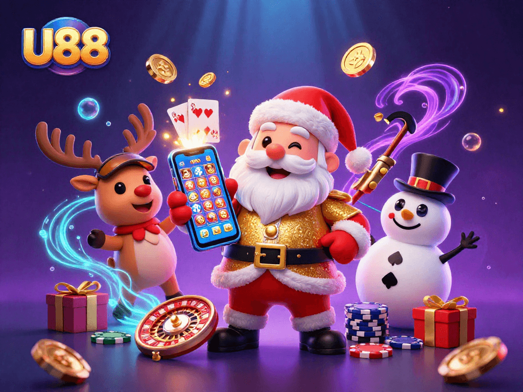 Join the festive fun at U88 as friends spin the slots and win big in this vibrant casino scene.