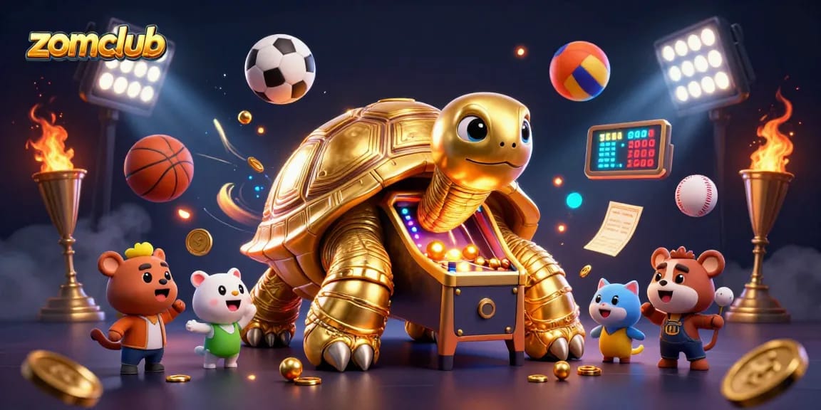 Zomclub offers thrilling gameplay as small animals enjoy a giant tortoise pinball machine in a vibrant casino scene.