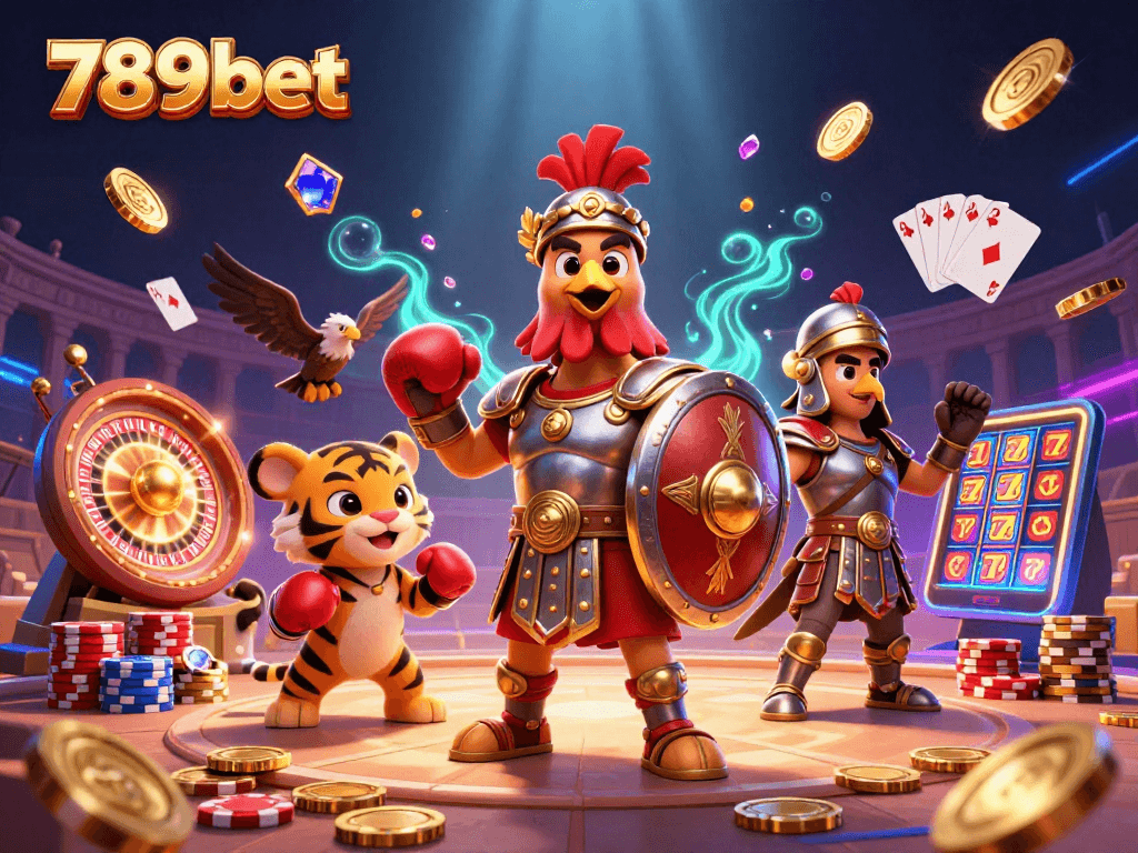 Engage with the exciting world of 789bet as a rooster gladiator showcases a dynamic casino scene.