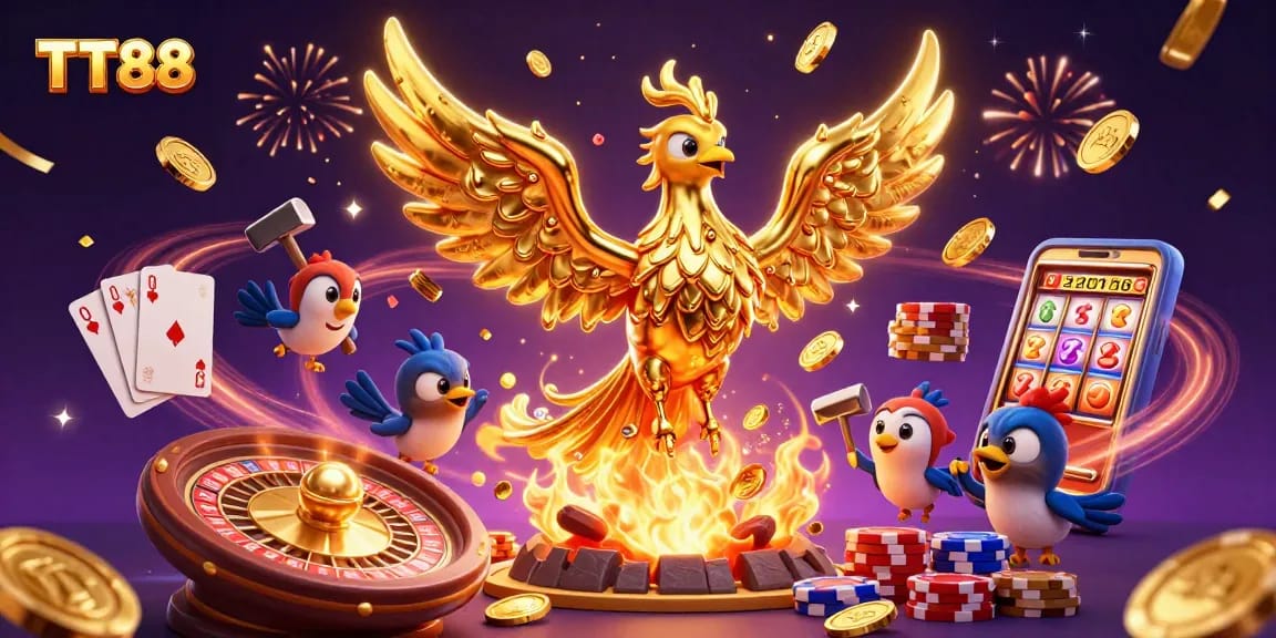 Engage with TT88's dazzling casino games featuring golden phoenix and vibrant elements.