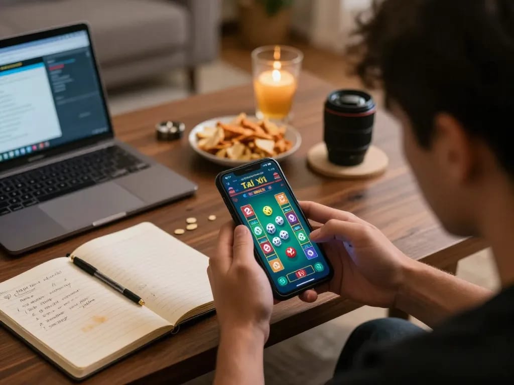 Engaging scene of a player strategizing in a Tài Xỉu 10 online game on their smartphone, surrounded by snacks.