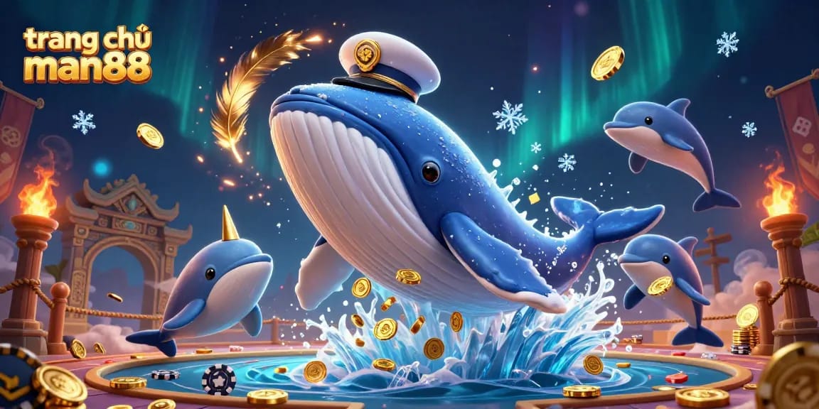 Experience gaming thrills at trang chủ man88 with playful dolphins and a spectacular whale in a casino scene.