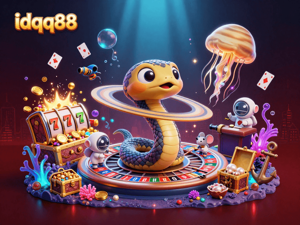 Engage with idqq88's slots excitement through this vibrant, interactive cosmic casino scene.