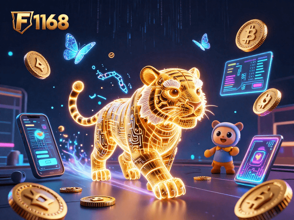 Experience the excitement of F168 in this vibrant casino illustration filled with digital elements.