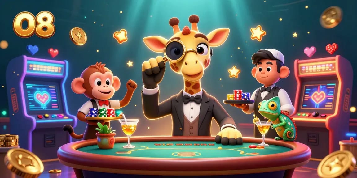 Experience thrilling games at O8 with vibrant casino elements and high-energy characters.
