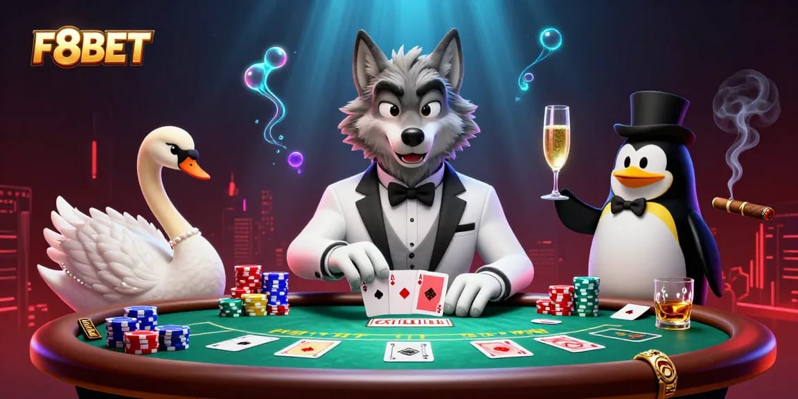 Experience thrilling moments at F8BET casino with a 3D wolf and elegant characters interacting at a vibrant baccarat table.