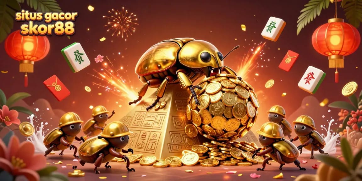Situs gacor skor88 offers thrilling experiences with a golden dung beetle rolling coins amidst vibrant casino symbols.