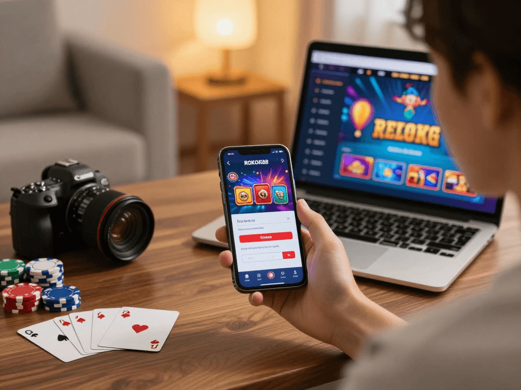 Engaging user logging into ROKOK88 online casino on smartphone, showcasing vibrant games and a cozy home setting.