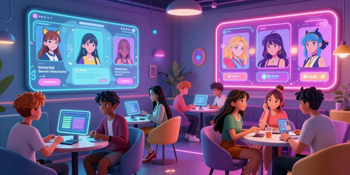 Engaging AI ecchi chat environment with diverse animated characters and vibrant digital landscape.