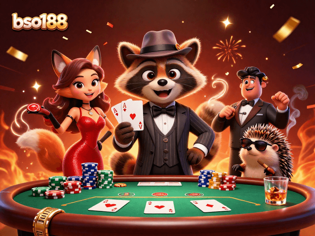 Experience the vibrant thrill of bso188 with a charming raccoon and fox at a dynamic poker table.