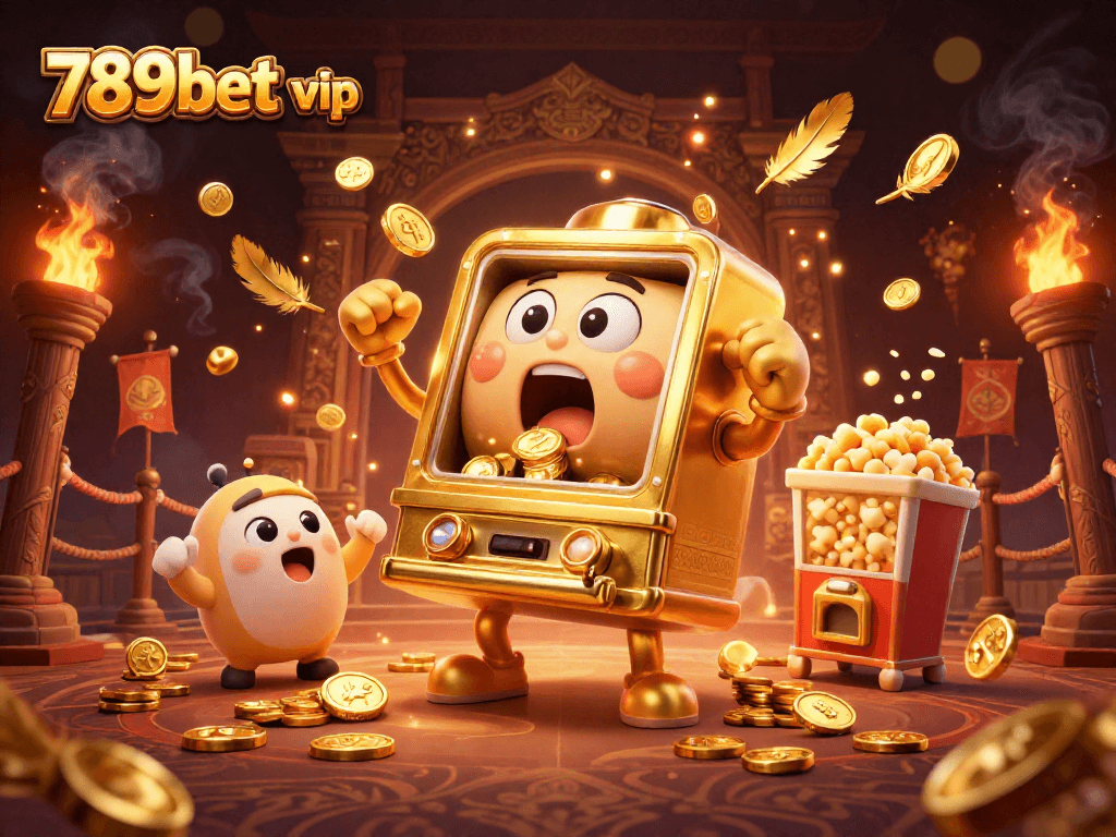 Experience the excitement of 789bet vip with a golden slot machine hitting a jackpot while coins rain down.