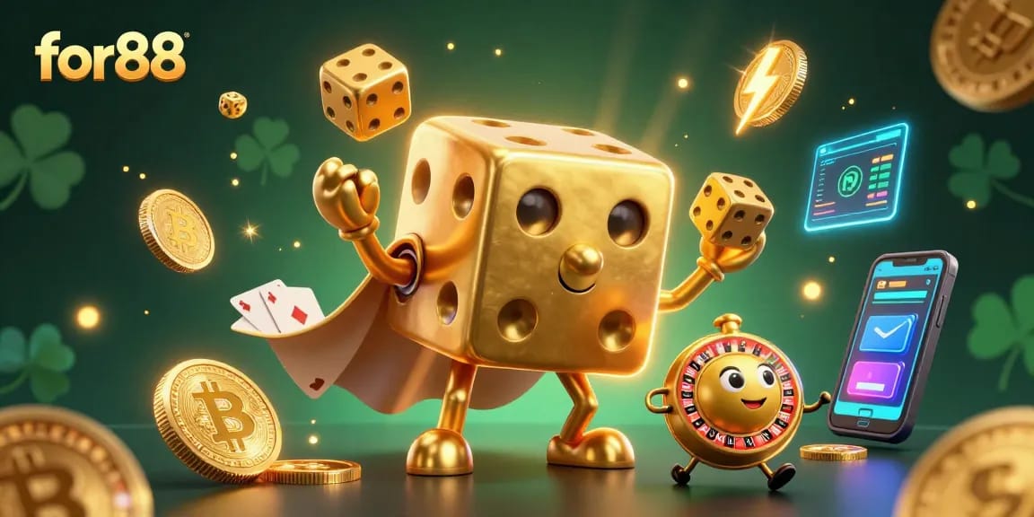 for88 players enjoying a vibrant casino scene with golden dice, crypto coins, and lively game elements