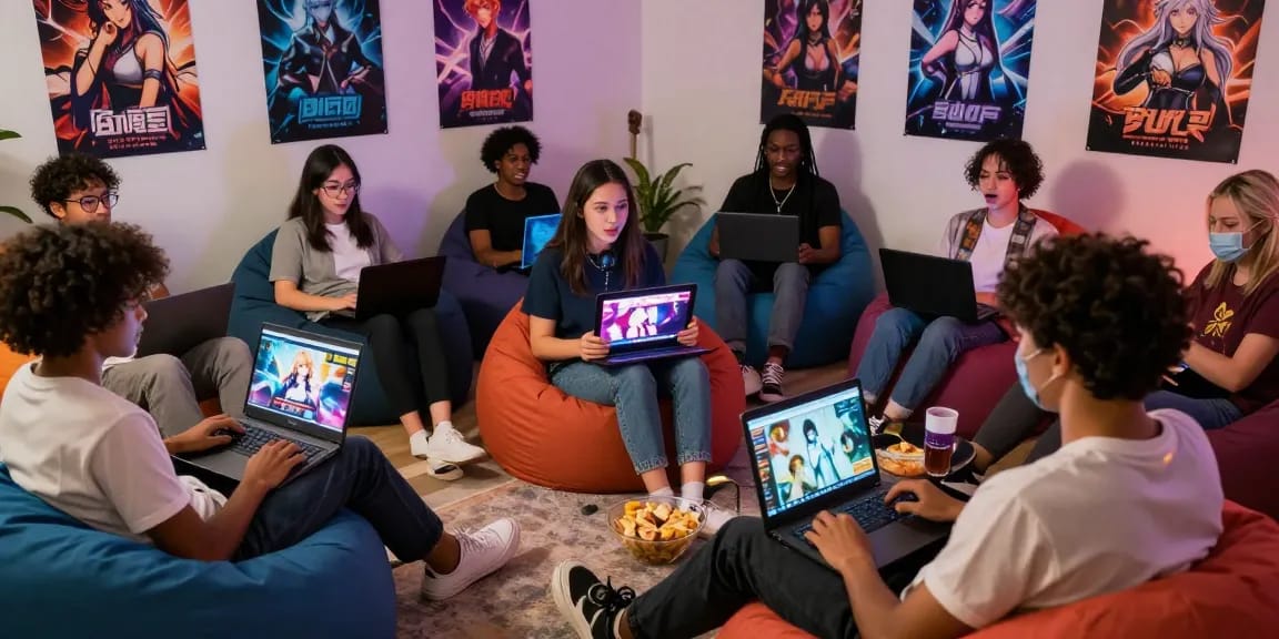 Group of friends enjoying free hentai games on laptops in a vibrant, engaging gaming room.