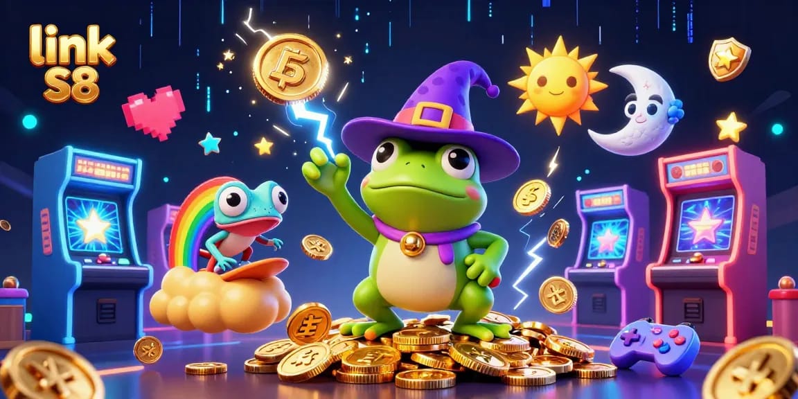 Experience the vibrant action of link S8 with magical characters in a golden storm of coins.