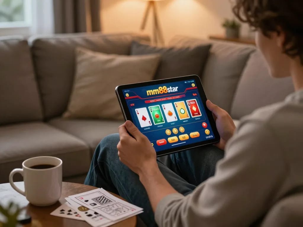 Player enjoying mm88star online casino games on tablet in a cozy home setting