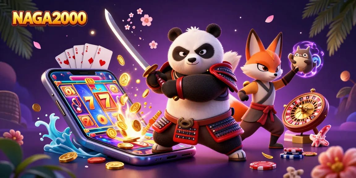 NAGA2000 menghadirkan suasana kasino yang hidup dengan menampilkan panda samurai, rubah ninja, dan tanuki roh di tengah permainan slot yang berwarna-warni dan koin.