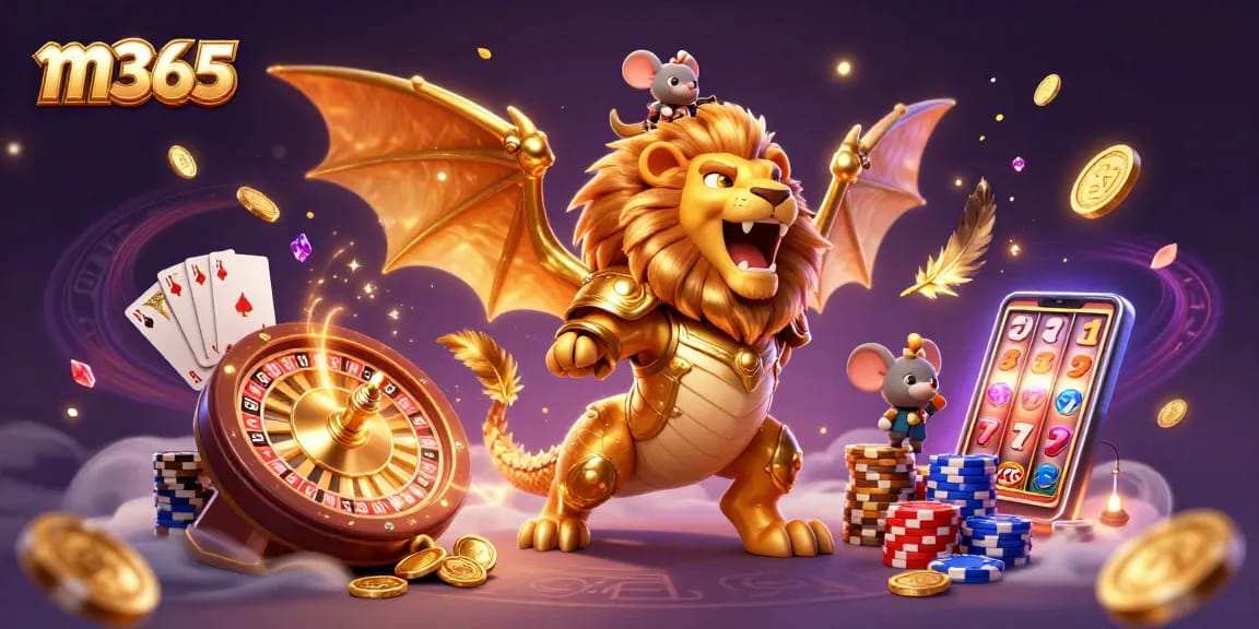 Engage in thrilling gaming with m365, featuring a chimera and energetic casino elements.