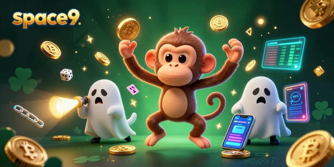 Experience the magic of space9 as the mischievous monkey juggles casino treasures amidst a haunted scene.