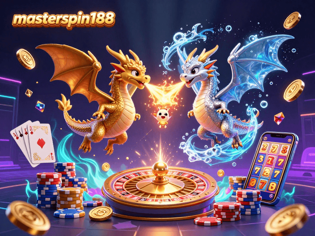 Play exciting games with masterspin188, featuring gold and silver dragons amidst thrilling casino elements.