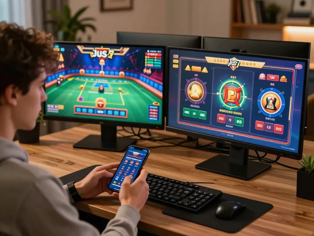 Person immersed in online gaming experience with jus77 setup on dual monitors, showcasing dynamic casino action.