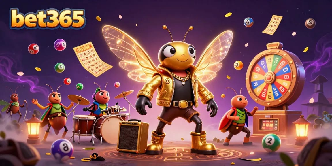 Win big with bet365 as a cartoon cicada rock star celebrates in a vibrant casino scene.