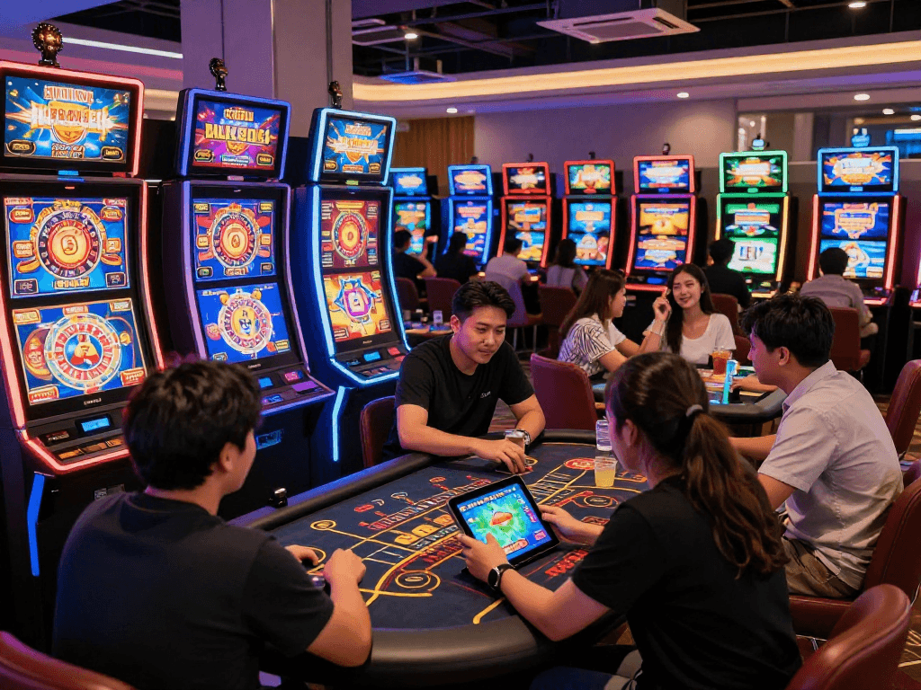 Exciting gaming atmosphere at E28 online casino in Malaysia showcasing diverse players enjoying games like slots and live dealer options.