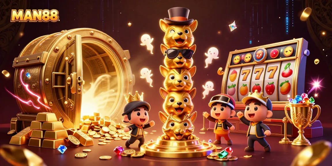 Experience the excitement of MAN88 with vibrant casino elements and golden treasures in this dynamic illustration.