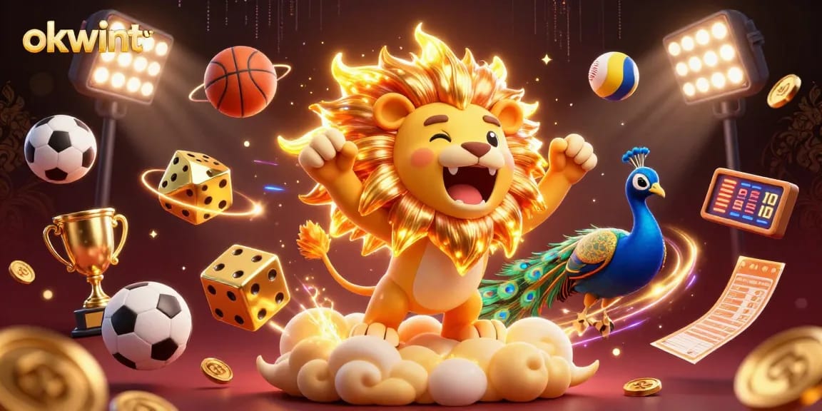 Experience live sports betting excitement with okwintv in a vibrant 3D cartoon scene featuring dynamic sports elements.
