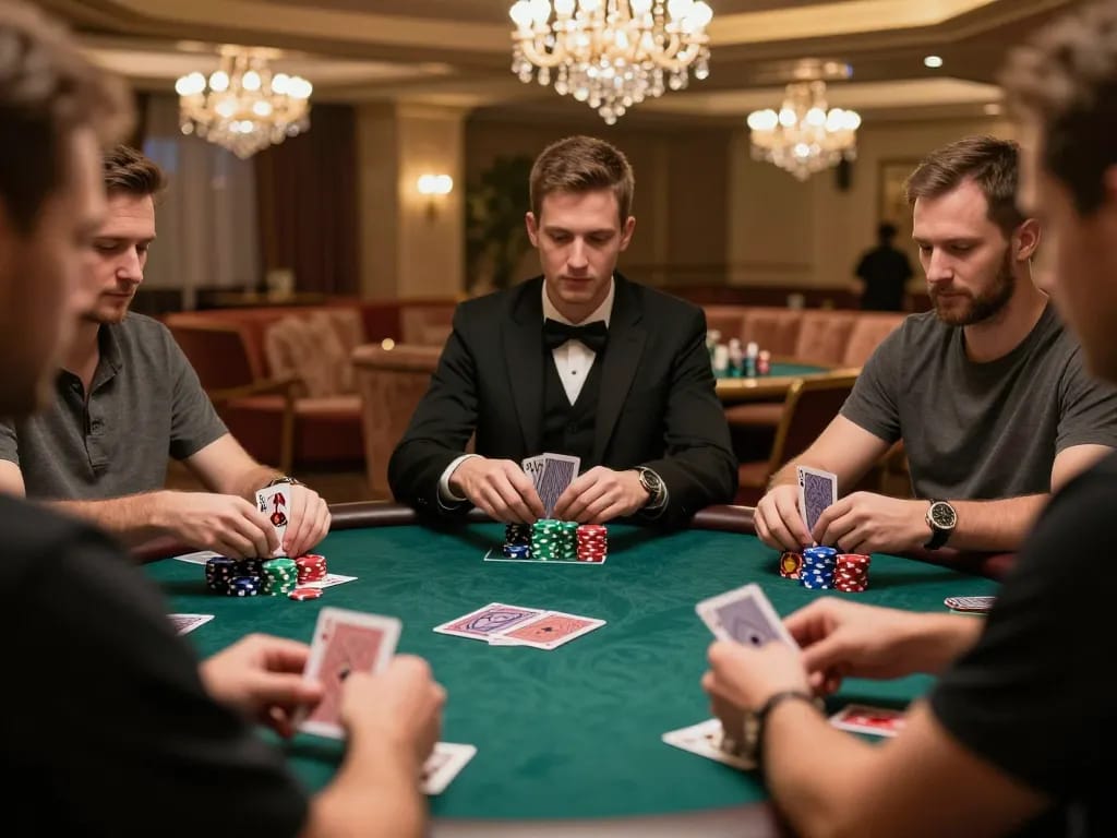 Go88 poker players strategizing during an exciting game with warm casino ambiance.