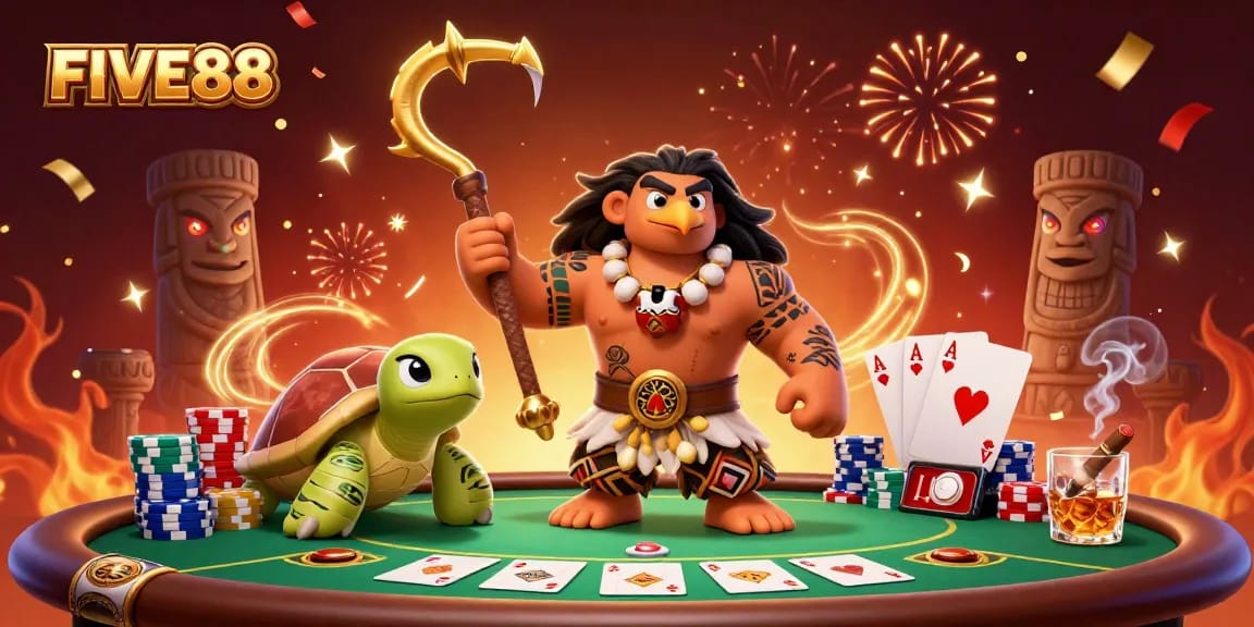 FIVE88 players engage in exciting poker action amid vibrant casino illustrations, showcasing dynamic gaming elements.