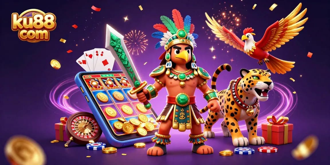 Engage with ku88 com's vibrant slot games illustrated through Aztec characters and festive casino elements.