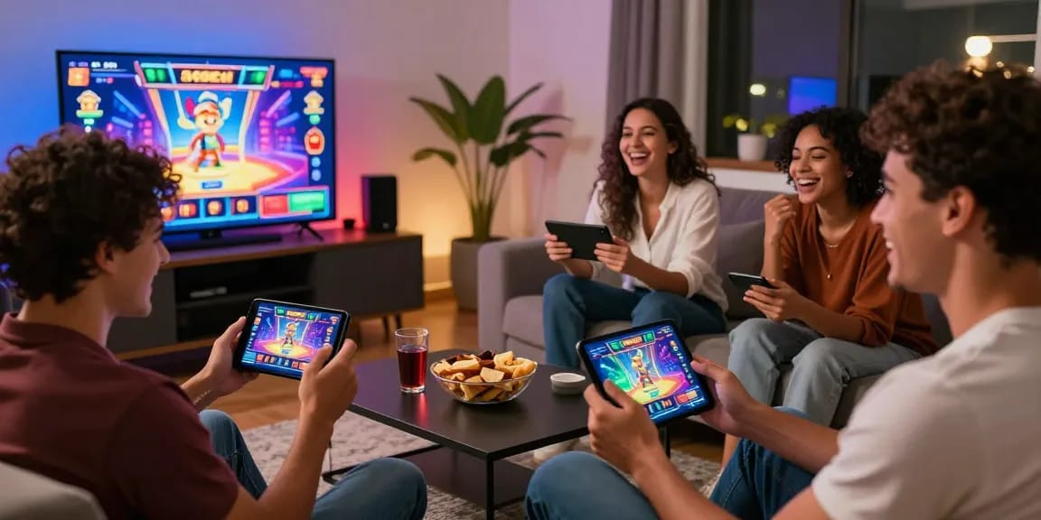 Friends enjoying the Solbet app en Paraguay online, showcasing lively gameplay in a stylish living room.