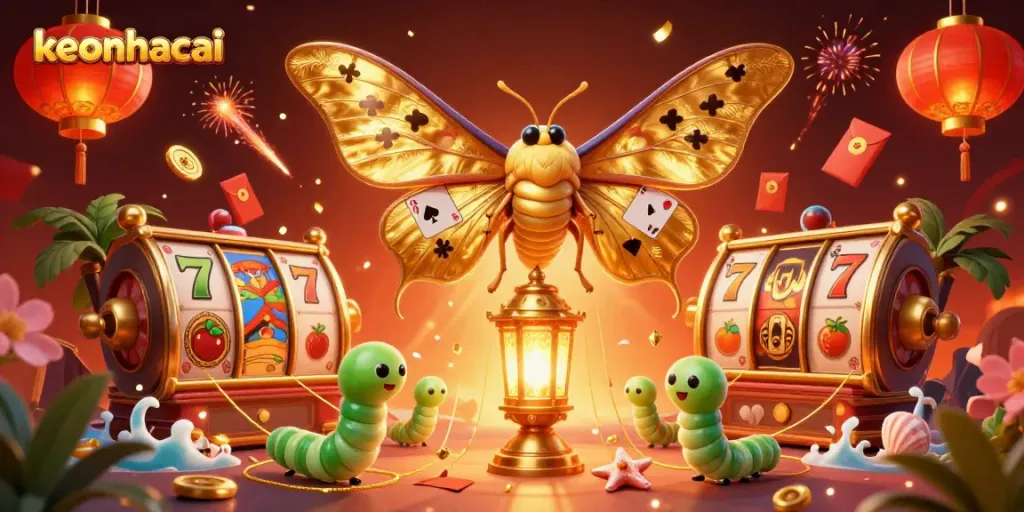 Experience vibrant keonhacai action with golden moths and festive gaming elements.