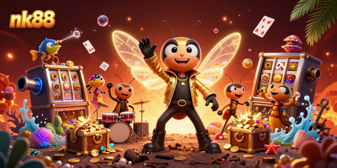 Engaging scene of the nk88 casino with vibrant characters celebrating amidst gold coins and slot machines.