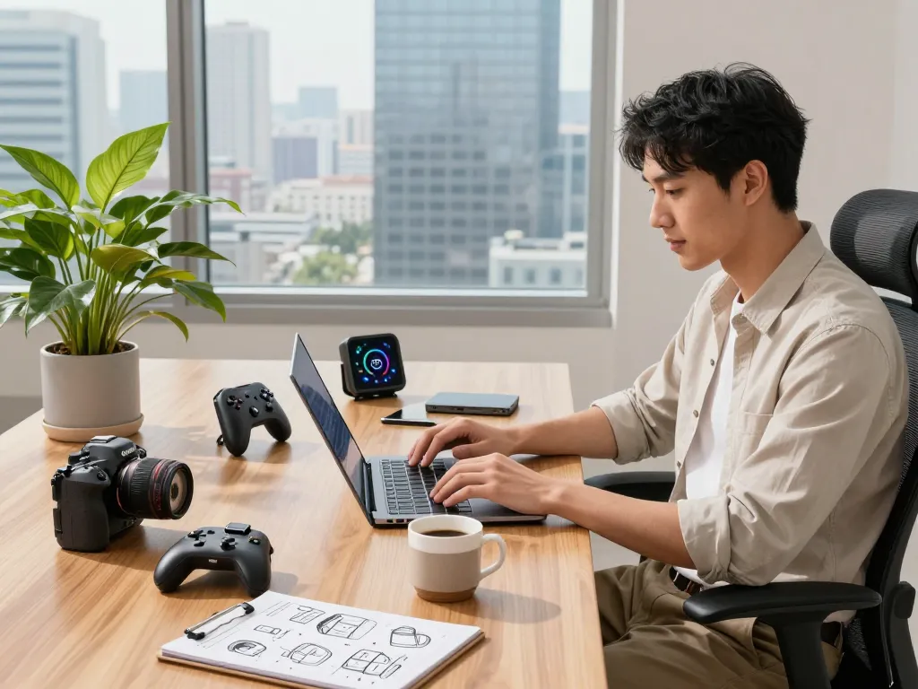 Stylish workspace with must-have tech gadgets, including a Bluetooth controller and smartwatch.