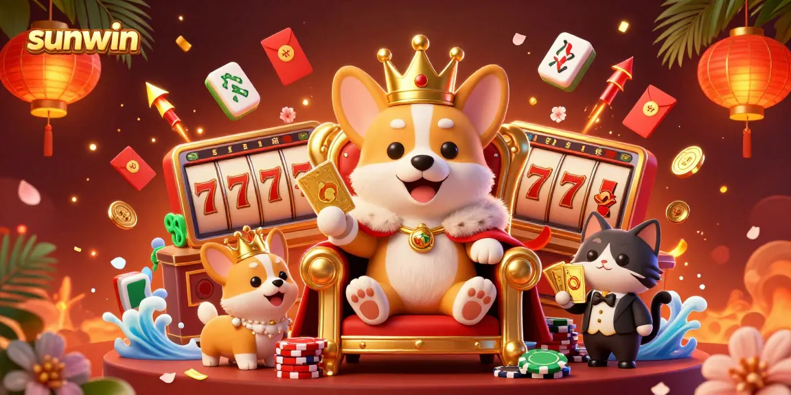 Engage with sunwin's thrilling casino scene showcasing a royal corgi on a throne amid slot reels.