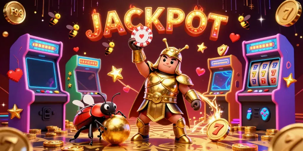 F98's triumphant gambling scene with a beetle in golden armor celebrating a jackpot win.
