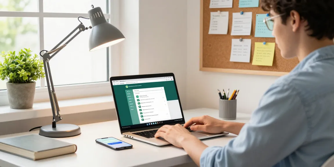Professional using WhatsApp網頁版 on a laptop in a bright home office.