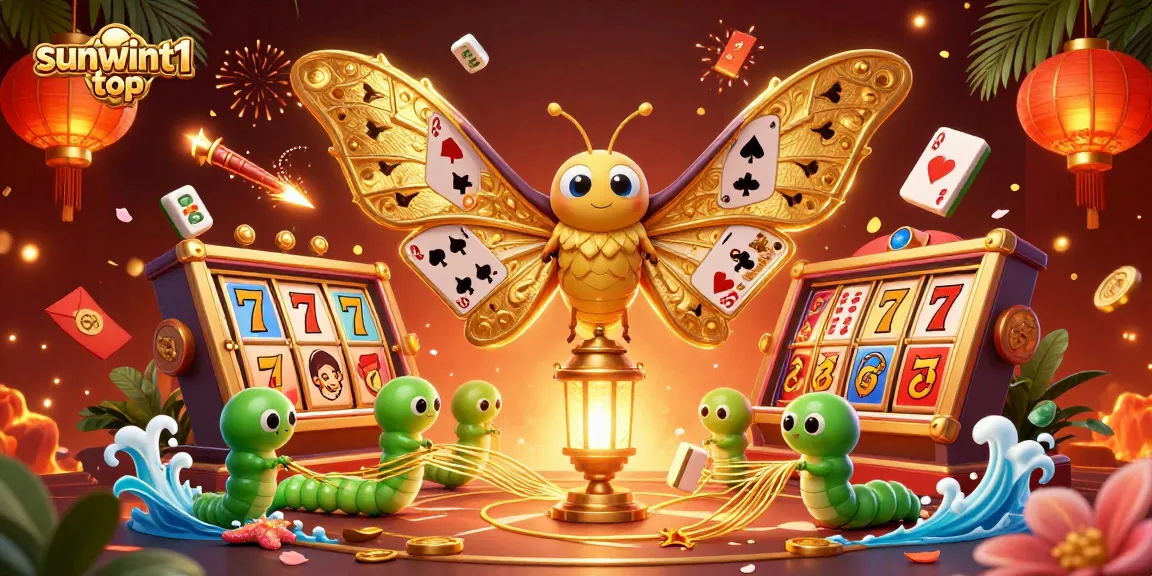 Engage with the dazzling casino world of sunwint1 top featuring a vibrant 3D scene of lucky symbols and golden moths.
