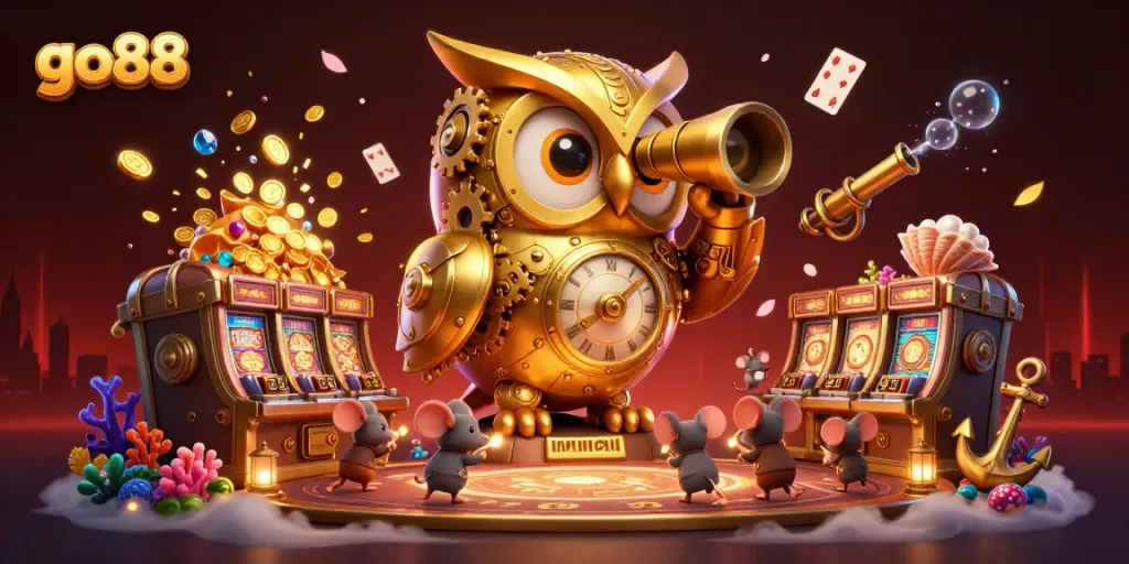 Engage with the go88 casino experience in a vibrant, enchanting illustration featuring a golden owl and wind-up mice.