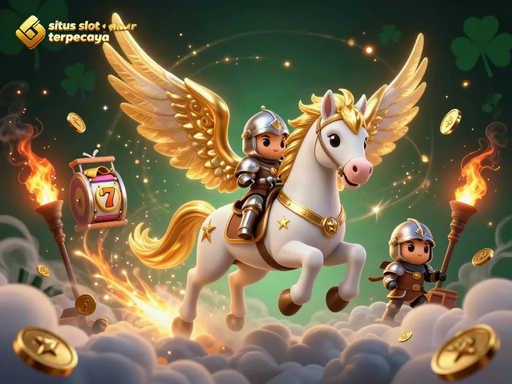 Engaging scene of situs slot gacor terpercaya showcasing a winged horse and knight amidst dynamic casino elements.