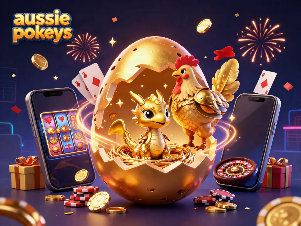 Engage with aussie online pokies featuring a golden egg, baby dragon and poker chips in a vibrant 3D scene.