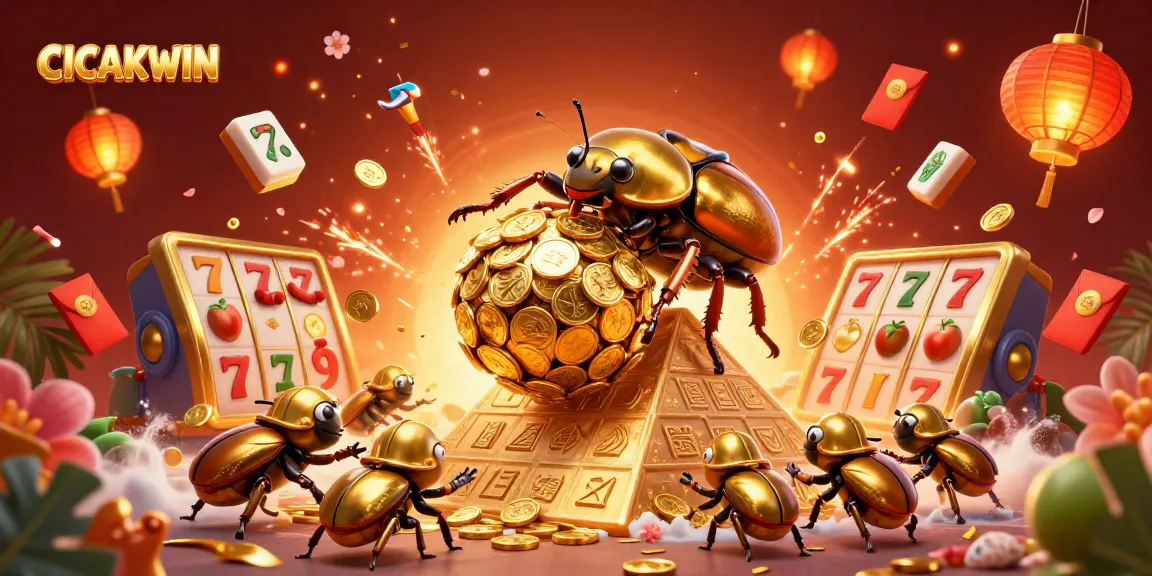 CICAKWIN offers a fascinating scene with a golden beetle amidst dynamic casino symbols and vibrant elements.