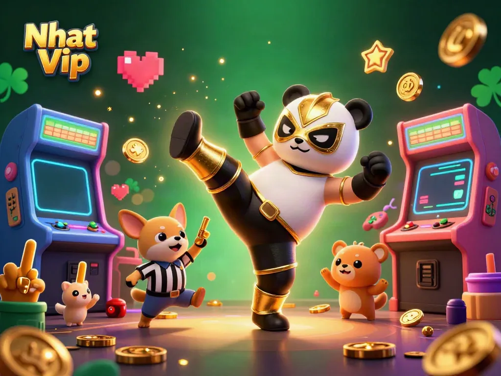 Nhat Vip embraces thrilling win excitement with a panda wrestler flying kick amid colorful gambling-themed elements.