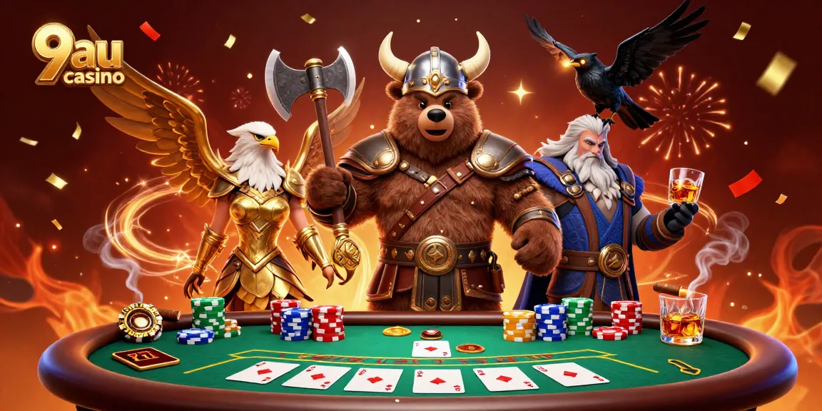 Experience the thrill at 9au casino with a Viking bear and Valkyrie in a vibrant poker scene.