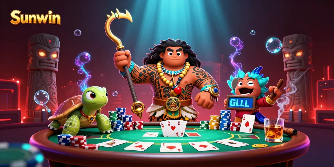 Sunwin players enjoy a vibrant poker game with 3D demigod characters and glowing elements.