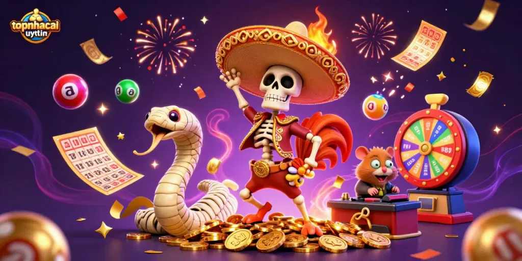 Experience topnhacaiuytin's thrilling casino atmosphere with colorful lottery elements and vibrant characters.